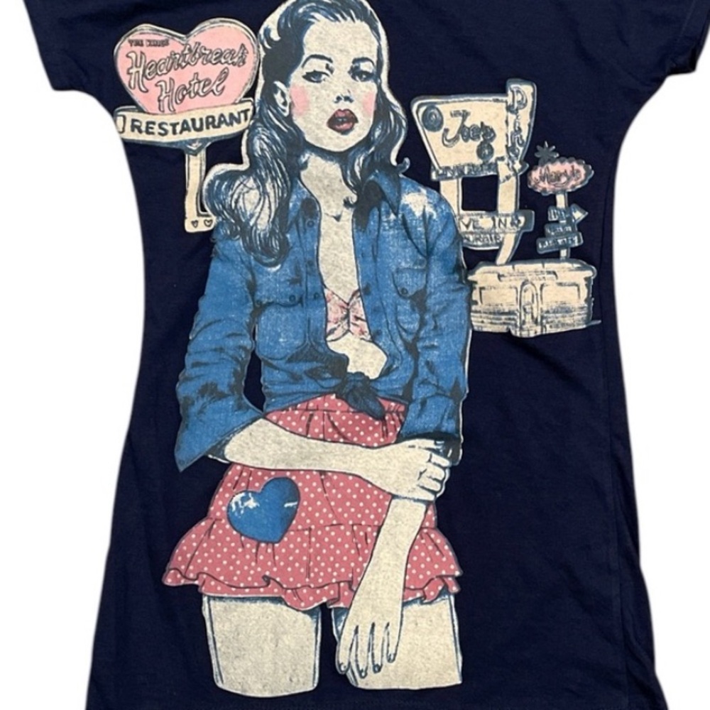 Indie Sleaze Pin-Up Graphic Tee XS/S Navy Tattoo Art Baby Tee Retro Y2K